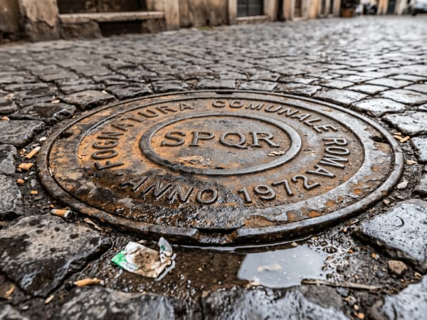 Dettaglio di un tombino in ghisa con stemma SPQR della fognatura comunale di Roma situato su pavimentazione in sanpietrini.