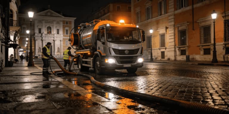 Autospurgo in intervento notturno su strada urbana bagnata con operai e autocisterna in attività.
