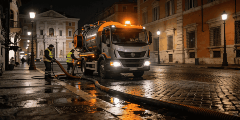 Autospurgo in intervento notturno su strada urbana bagnata con operai e autocisterna in attività.